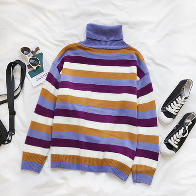 Ριγέ γυναικείο πουλόβερ  με υψηλό κολάρο και μακρύ μανίκι σε τρία χρώματα