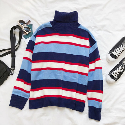 Ριγέ γυναικείο πουλόβερ  με υψηλό κολάρο και μακρύ μανίκι σε τρία χρώματα