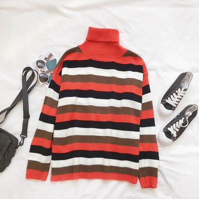 Ριγέ γυναικείο πουλόβερ  με υψηλό κολάρο και μακρύ μανίκι σε τρία χρώματα