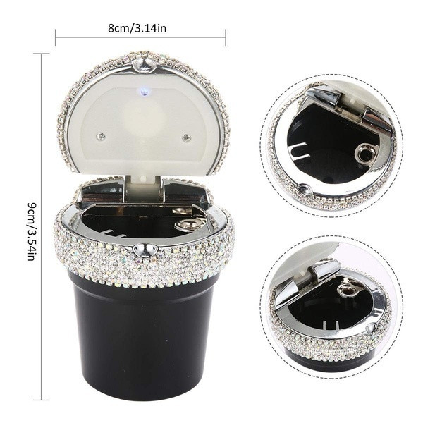 Портативен пепелник за автомобил в черен и бял цвят с LED осветление и камъни