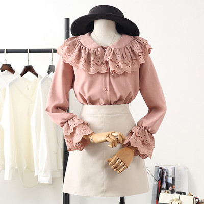 Női ing lótusz ujjal és csipkével, zöld, fehér és rózsaszín színben