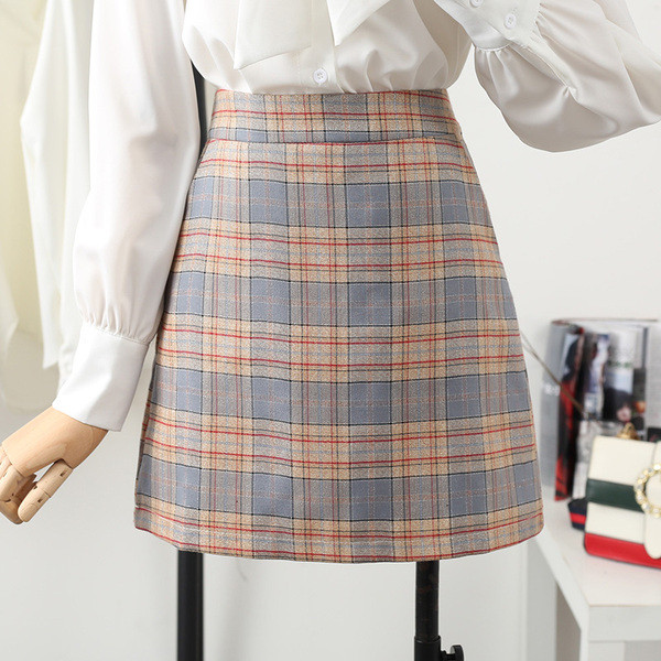 Kék és bézs kockás női szoknya magas derékkal