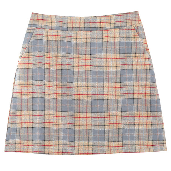 Kék és bézs kockás női szoknya magas derékkal