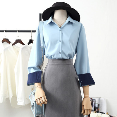 Női ing széles ujjal és klasszikus gallérral fehér, kék és bézs színben