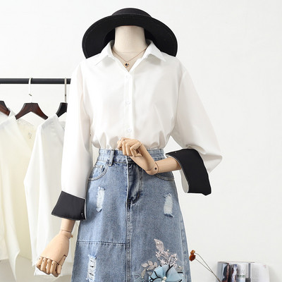 Női ing széles ujjal és klasszikus gallérral fehér, kék és bézs színben