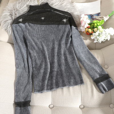 Modern női blúz magas gallérral és hosszú ujjú fekete, szürke és zöld színben