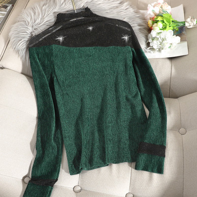 Modern női blúz magas gallérral és hosszú ujjú fekete, szürke és zöld színben