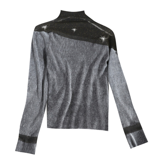 Modern női blúz magas gallérral és hosszú ujjú fekete, szürke és zöld színben