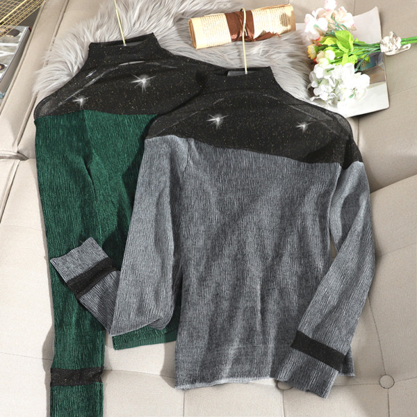 Modern női blúz magas gallérral és hosszú ujjú fekete, szürke és zöld színben