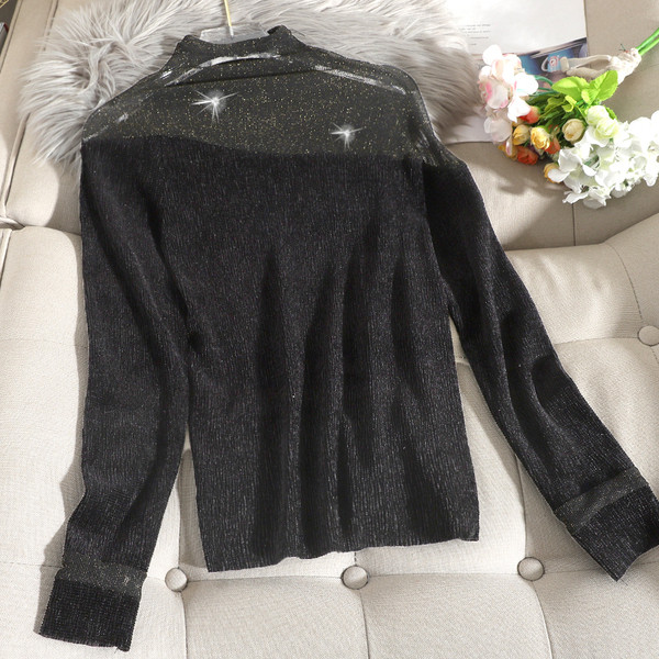 Modern női blúz magas gallérral és hosszú ujjú fekete, szürke és zöld színben