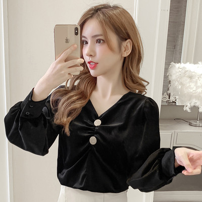 Női bársony blúz fekete és zöld színben, gombokkal és V-nyakkal