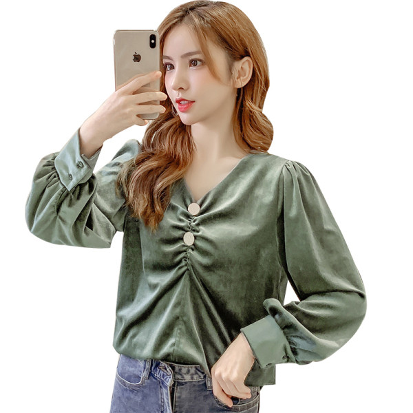 Női bársony blúz fekete és zöld színben, gombokkal és V-nyakkal