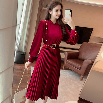 Modern női bársonyruha három színben, hosszú ujjal és övvel