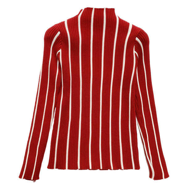 Női csíkos pulóver alacsony gallérral piros, szürke és fekete színben