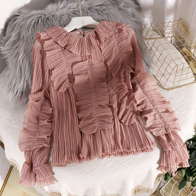 Μοντέρνα γυναικεία πουκάμισα με βολάν και οβάλ λαιμόκοψη σε τέσσερα χρώματα