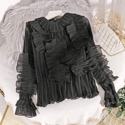 Μοντέρνα γυναικεία πουκάμισα με βολάν και οβάλ λαιμόκοψη σε τέσσερα χρώματα