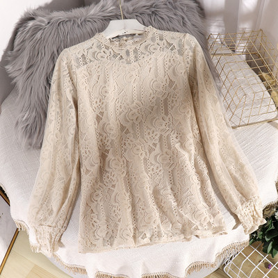 Μοντέρνο γυναικείο πουκάμισο δαντελωτό μακρυμάνικο με ωοειδές ντεκολτέ