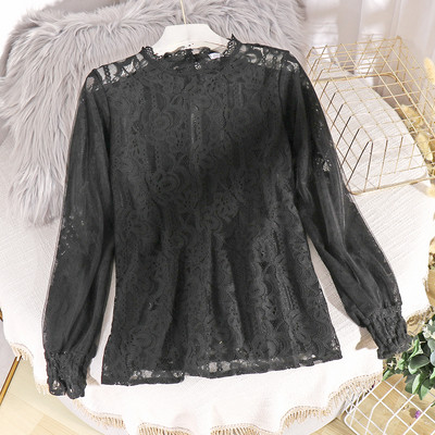 Μοντέρνο γυναικείο πουκάμισο δαντελωτό μακρυμάνικο με ωοειδές ντεκολτέ