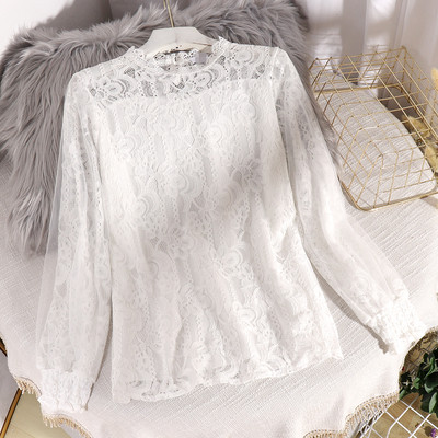 Μοντέρνο γυναικείο πουκάμισο δαντελωτό μακρυμάνικο με ωοειδές ντεκολτέ