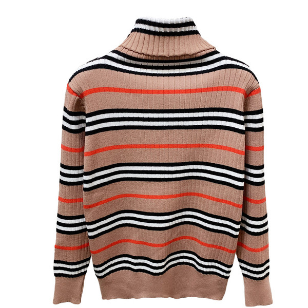 Csíkos női pulóver magas gallérral és hosszú ujjú barna, bézs és fekete színben