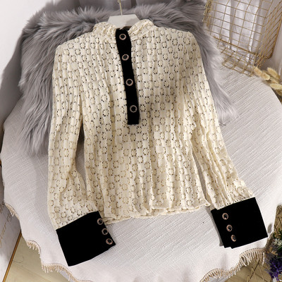 Modern női csipke ing gombokkal és hosszú ujjú bézs, fehér és fekete színben