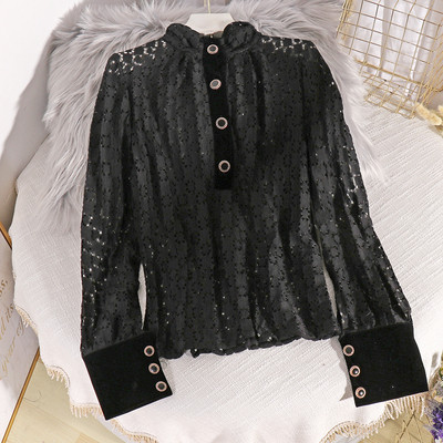 Modern női csipke ing gombokkal és hosszú ujjú bézs, fehér és fekete színben