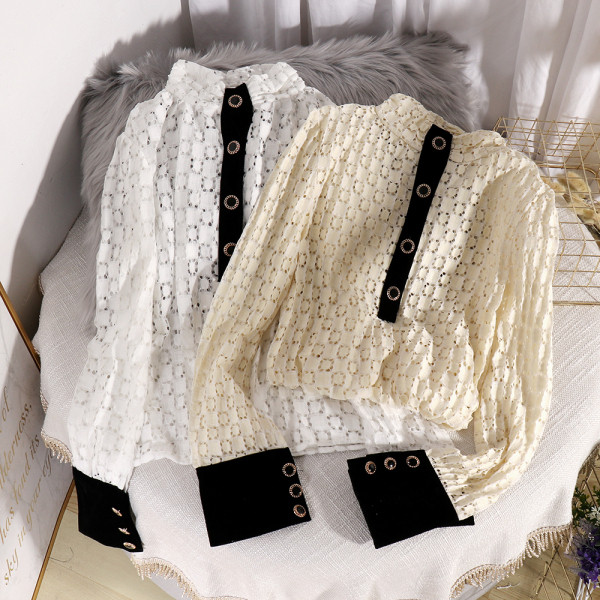 Modern női csipke ing gombokkal és hosszú ujjú bézs, fehér és fekete színben