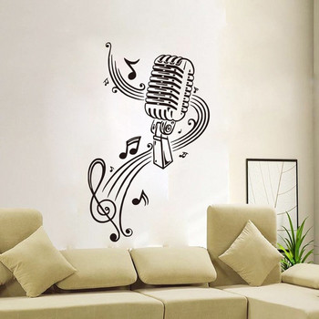 Стенен PVC стикер във формата на микрофон с музикални ноти в черен цвят