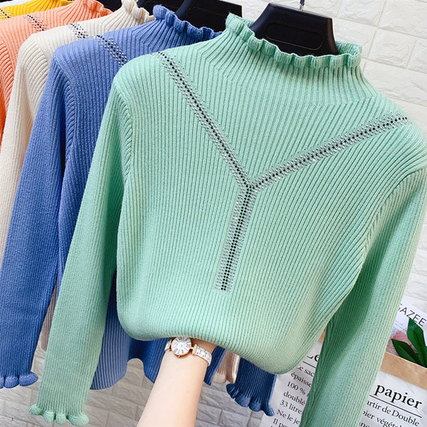 Γυναικείο πλεκτό πουλόβερ με κολάρο πόλο σε διάφορα χρώματα
