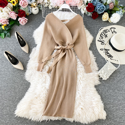 Alkalmi női kötött ruha spitz nyakkivágással és övvel hat színben