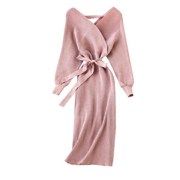 Alkalmi női kötött ruha spitz nyakkivágással és övvel hat színben