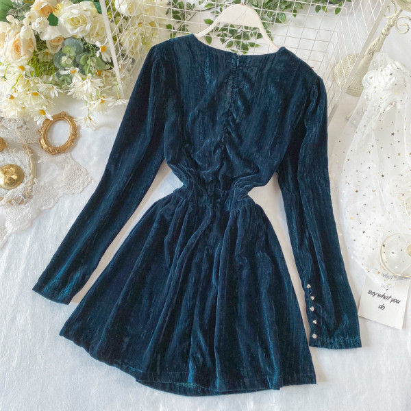 Női bársonyruha V-nyakkal, kék és fekete színben