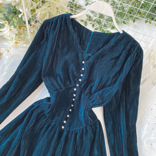 Női bársonyruha V-nyakkal, kék és fekete színben