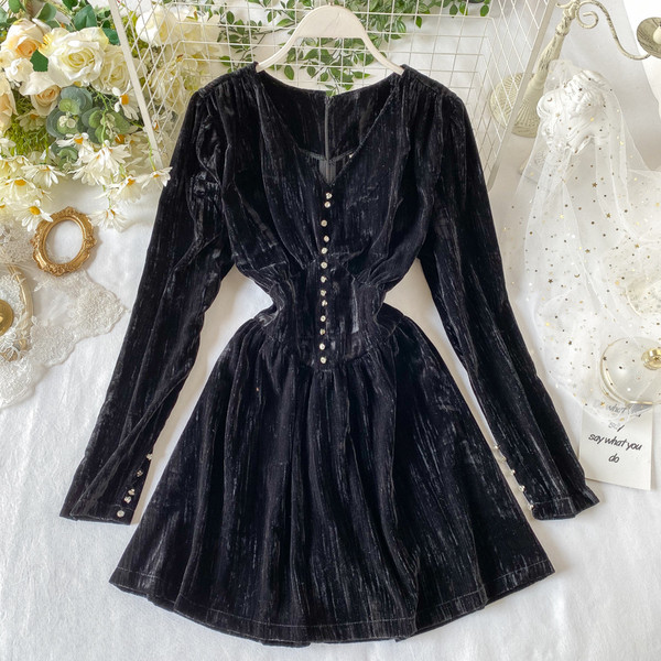 Női bársonyruha V-nyakkal, kék és fekete színben