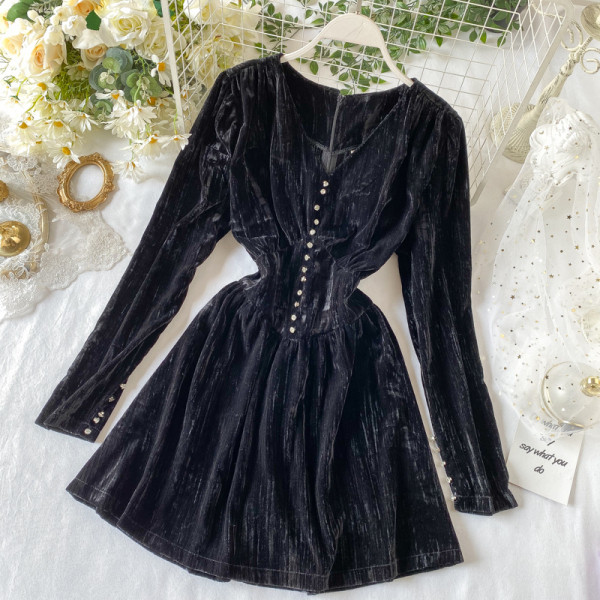 Női bársonyruha V-nyakkal, kék és fekete színben