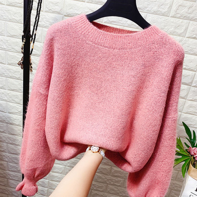 Γυναικείο πλεκτό πουλόβερ με στρογγυλη λαιμό και φαρδιά μανίκια σε διάφορα χρώματα