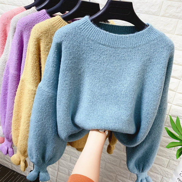 Γυναικείο πλεκτό πουλόβερ με στρογγυλη λαιμό και φαρδιά μανίκια σε διάφορα χρώματα
