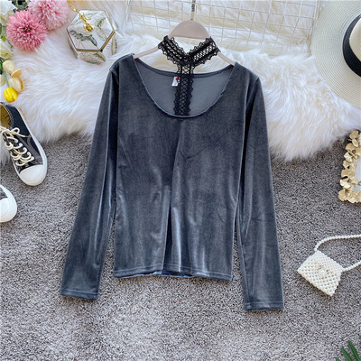 Modern női blúz magas csipkegallérral és hosszú ujjú négy színben