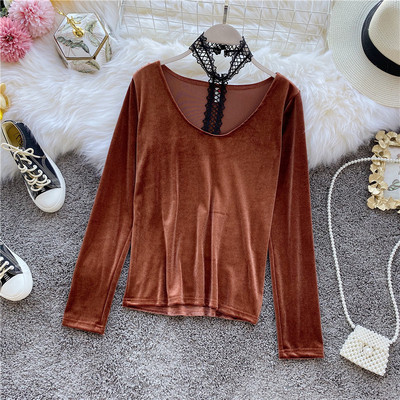 Modern női blúz magas csipkegallérral és hosszú ujjú négy színben