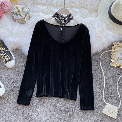 Modern női blúz magas csipkegallérral és hosszú ujjú négy színben