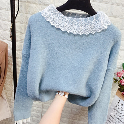 Modern női pulóver kerek nyakkivágással, csipkével több színben