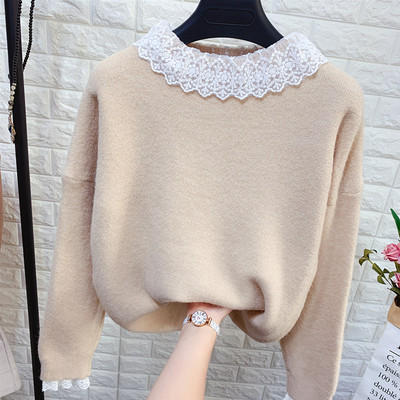 Modern női pulóver kerek nyakkivágással, csipkével több színben