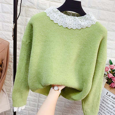 Modern női pulóver kerek nyakkivágással, csipkével több színben