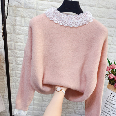 Modern női pulóver kerek nyakkivágással, csipkével több színben