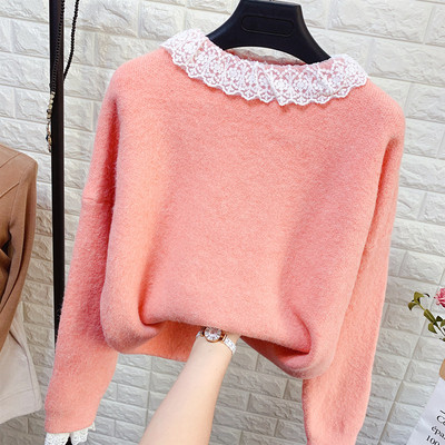 Modern női pulóver kerek nyakkivágással, csipkével több színben