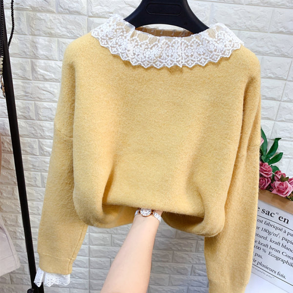 Modern női pulóver kerek nyakkivágással, csipkével több színben
