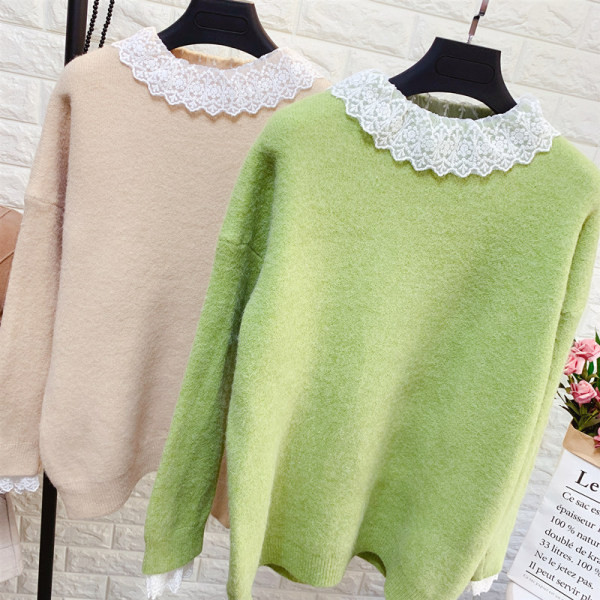 Modern női pulóver kerek nyakkivágással, csipkével több színben