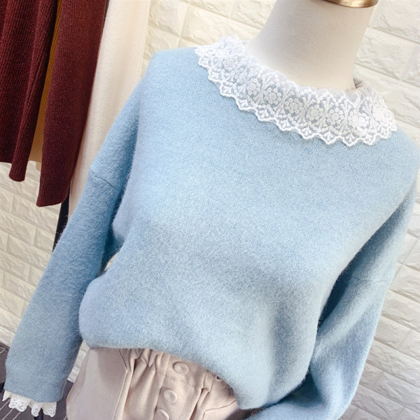 Modern női pulóver kerek nyakkivágással, csipkével több színben