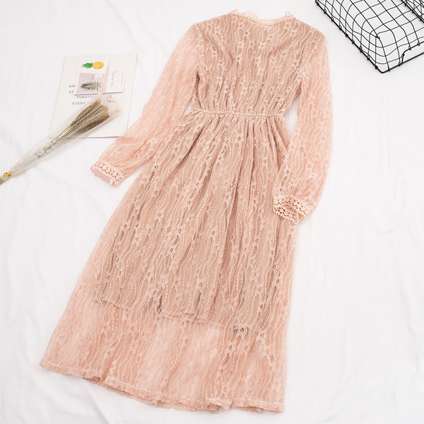 Μοντέρνο γυναικείο φόρεμα ς σε μπεζ και ροζ χρώμα  με δαντέλα