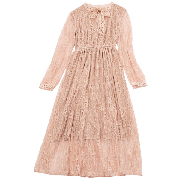 Μοντέρνο γυναικείο φόρεμα ς σε μπεζ και ροζ χρώμα  με δαντέλα